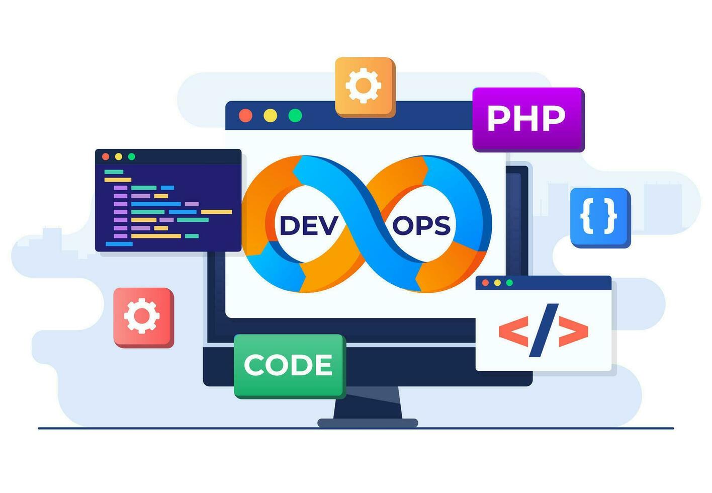 DevOps concept flat vector illustration, Software development and IT operation process, Technical support, DevOps Methodology, Administration development operations