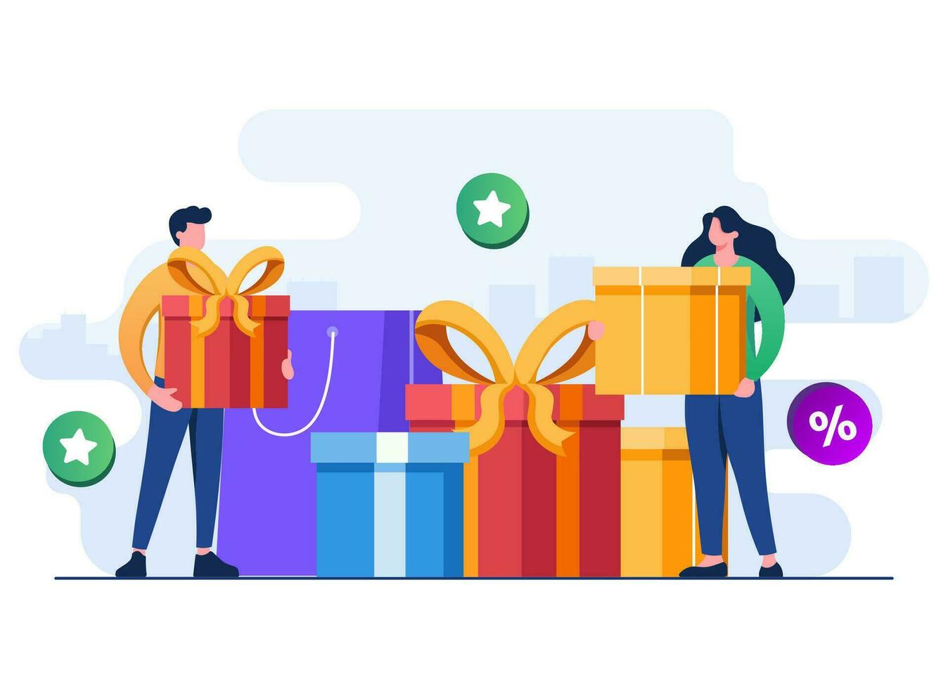 Online reward and gifts, Happy people receive gift boxes, Referral program concept flat illustration vector template