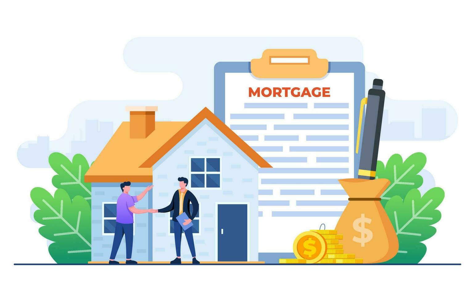 Man buying mortgage house and shaking hands with real estate agent, House loan or money investment to real estate concept template, Mortgage loan, Purchasing property, Home loan, Home bank credit vector