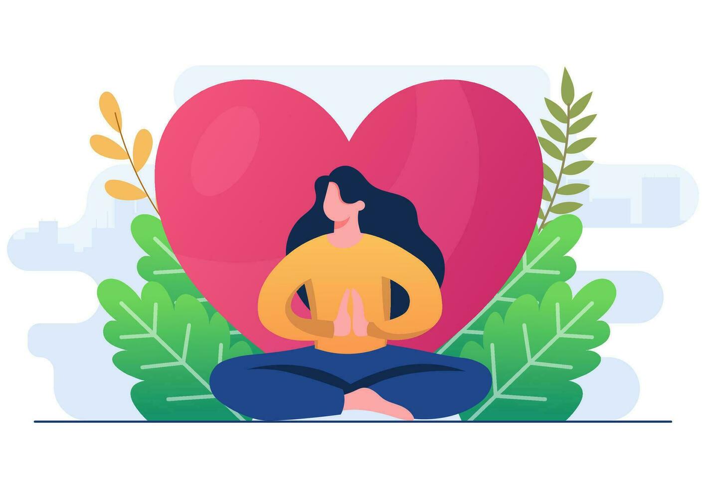 contento internacional yoga día plano ilustración vector plantilla, mujer meditando en hojas fondo, sano estilo de vida, yoga, meditación, relajación, personas hacer ejercicio sano estilo de vida