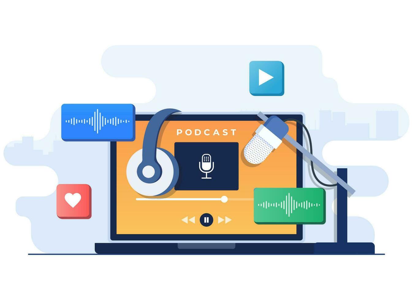 Online communication concept flat illustration vector template, Webcast live, Streaming podcast, Radio host workplace, Digital music stream, Online multimedia entertainment