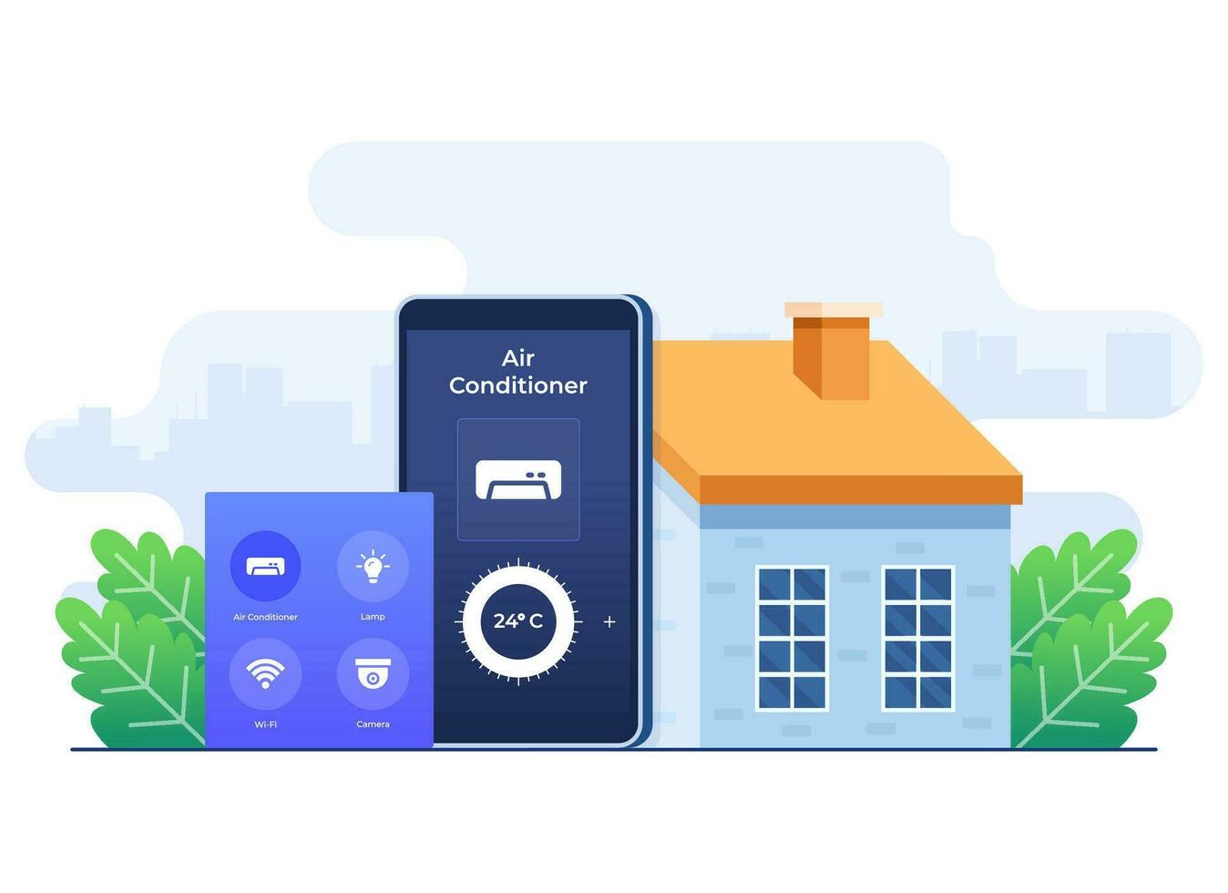 Smart home application concept, Home automation, Controlling air conditioner using a smartphone, Remote home control technology, house technology system with wireless centralized control vector