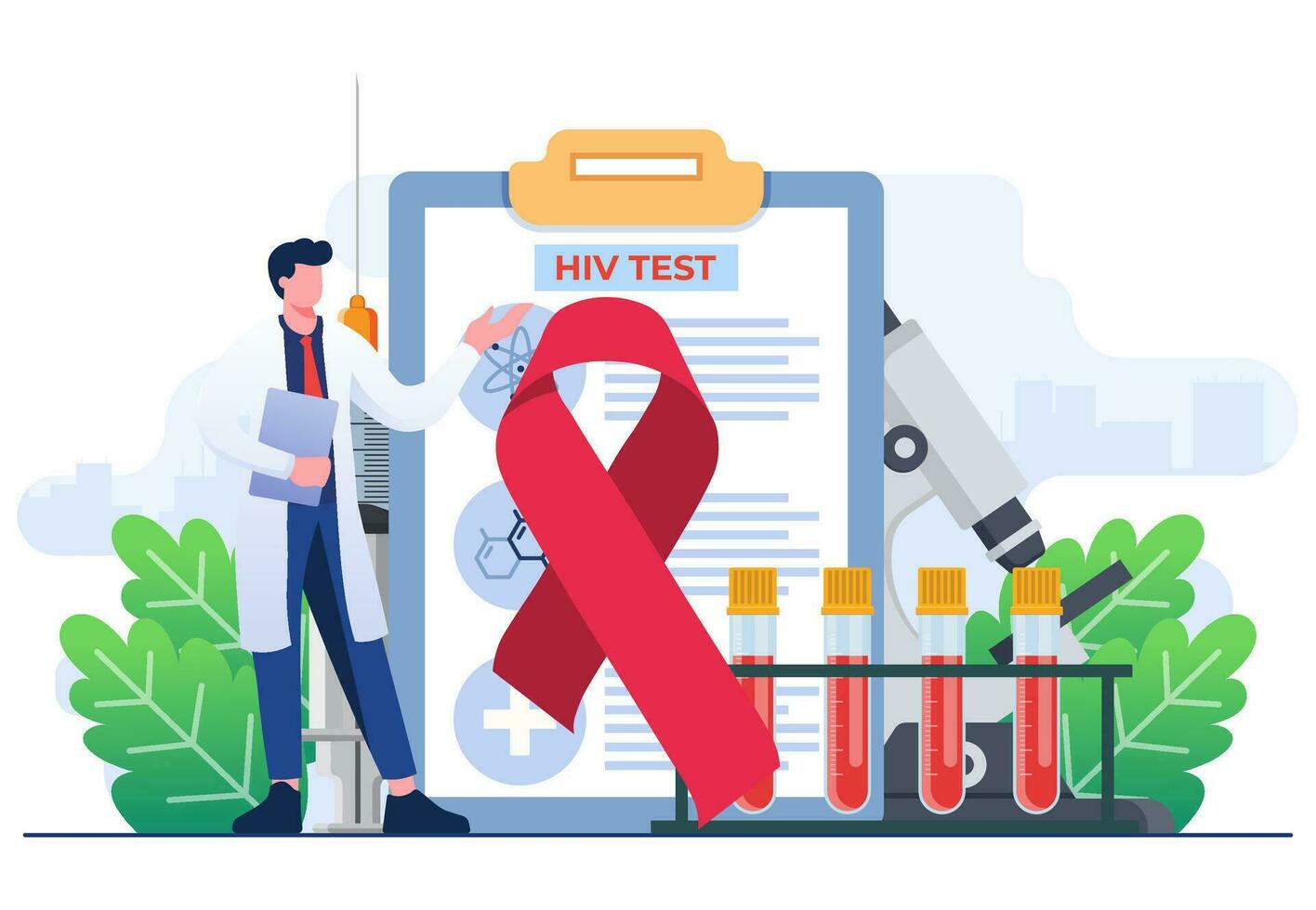 mundo SIDA día ilustración concepto plano vector ilustración vector plantilla, médico doctores con un vih prueba tubo son investigando SIDA, rojo cinta a aumento conciencia de el SIDA epidemia