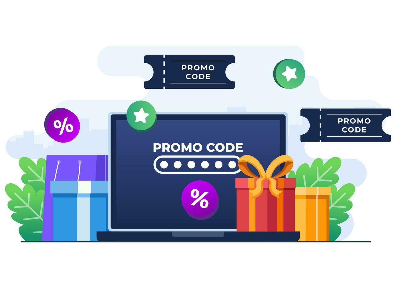 utilizando promoción código en en línea compras verificar, descuento código, regalo vale, regalo tarjeta, prima, promoción Campaña concepto vector plano ilustración para web bandera, sitio web diseño, social medios de comunicación