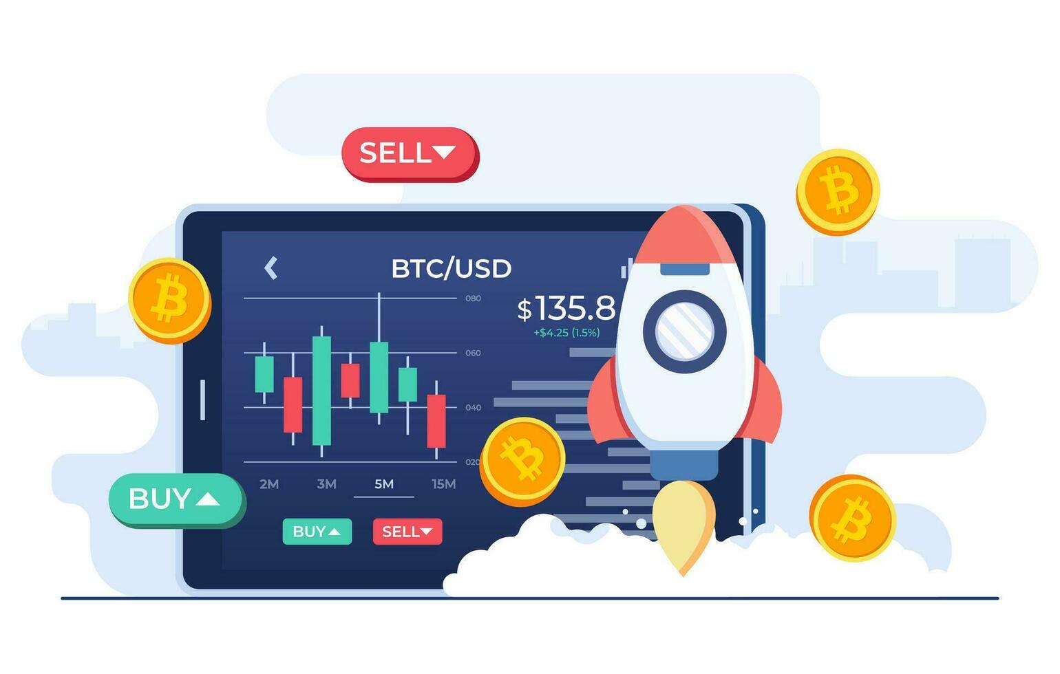 Bitcoin rising, Cryptocurrency trading and growing concept flat illustration vector template, Stock exchange, Investment, Digital web money, candlestick chart, Profit from currency exchange services