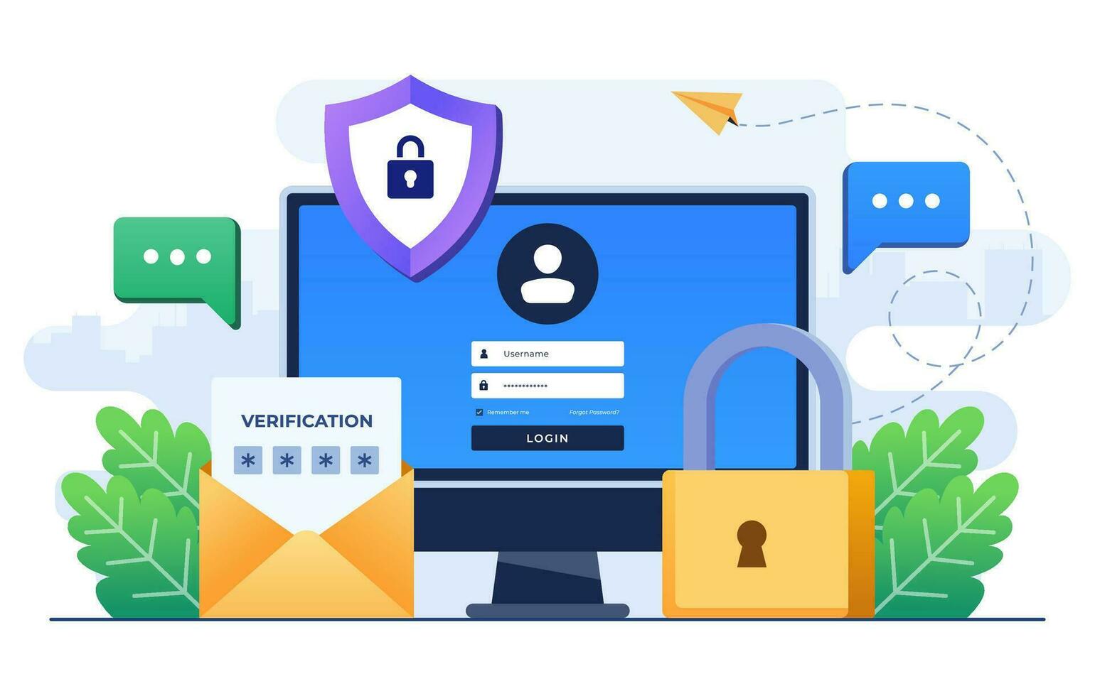 Two-step verification flat illustration vector template, OTP, Authentication password, One-time password for secure website account login, Login page on computer screen