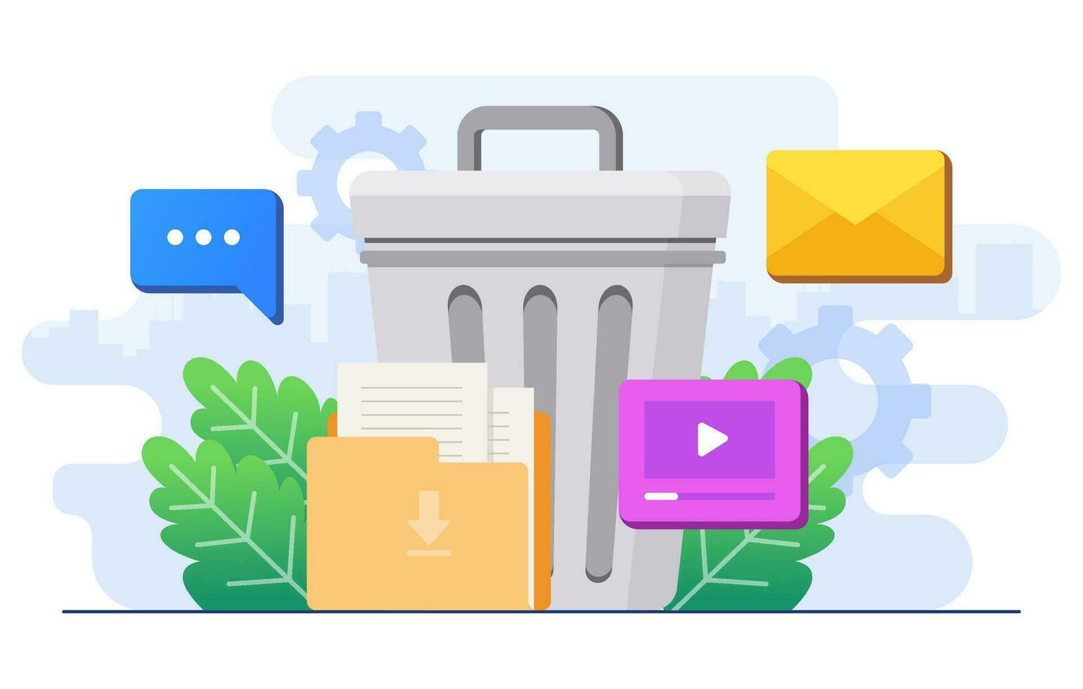 Delete concept flat illustration vector template, Deleting data and move unnecessary files to the trash bin, Clean digital memory, Delete documents in trash, Cleaning software