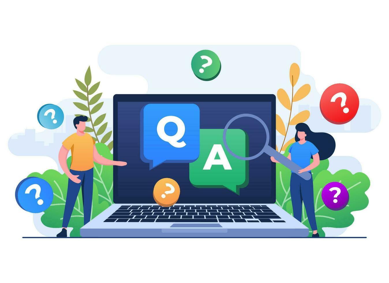 Questions and answers concept flat illustration vector template for web design, infographics, UI, landing page, social media, Frequently asked questions, FAQ, QA
