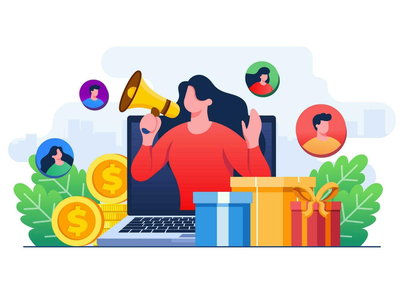 Refer a friend strategy concept flat illustration vector template, Woman with megaphone on laptop screen, Referral program, Affiliate marketing, Influencer marketing