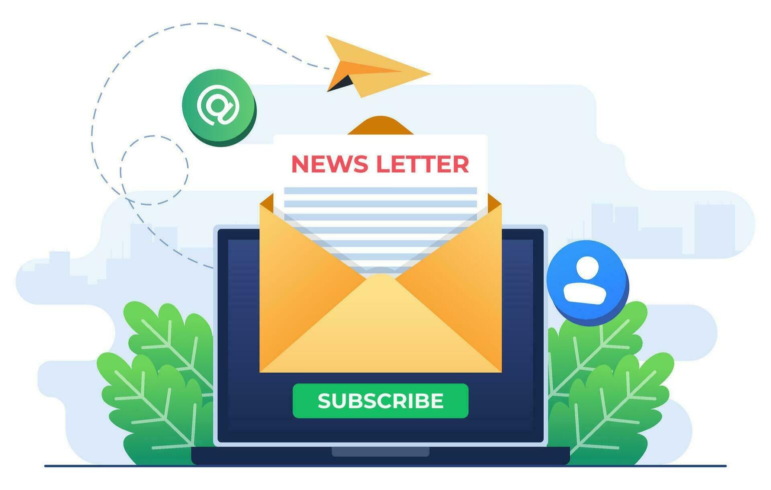 Subscribe to newsletter concept flat illustration vector template, Open envelope with document on laptop screen, Email marketing concept for landing page, website banner, infographic, mobile app