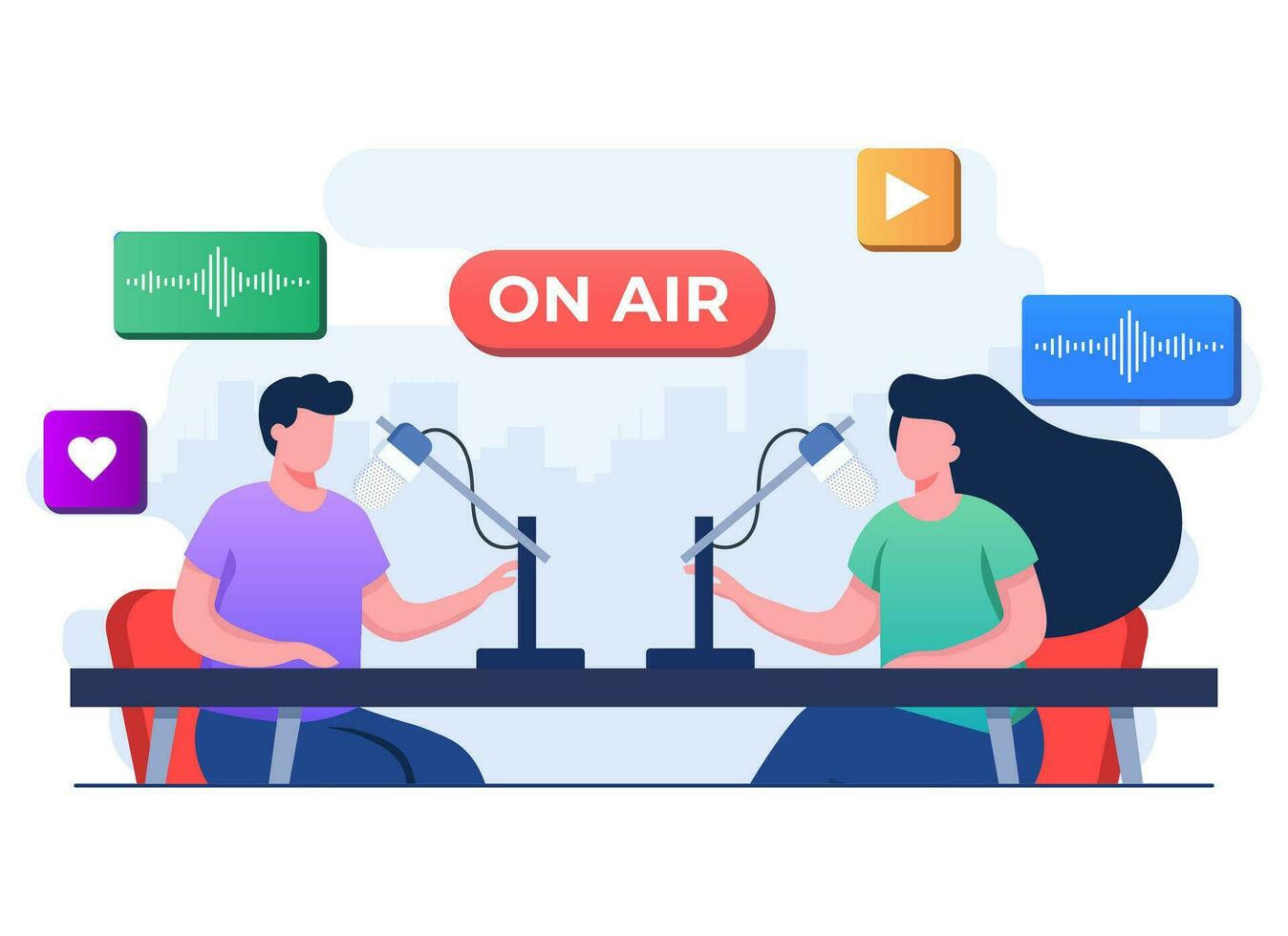 Radio host speaking to the microphone and interviewing a guest, Online video or audio podcast concept flat illustration vector template, Live interview