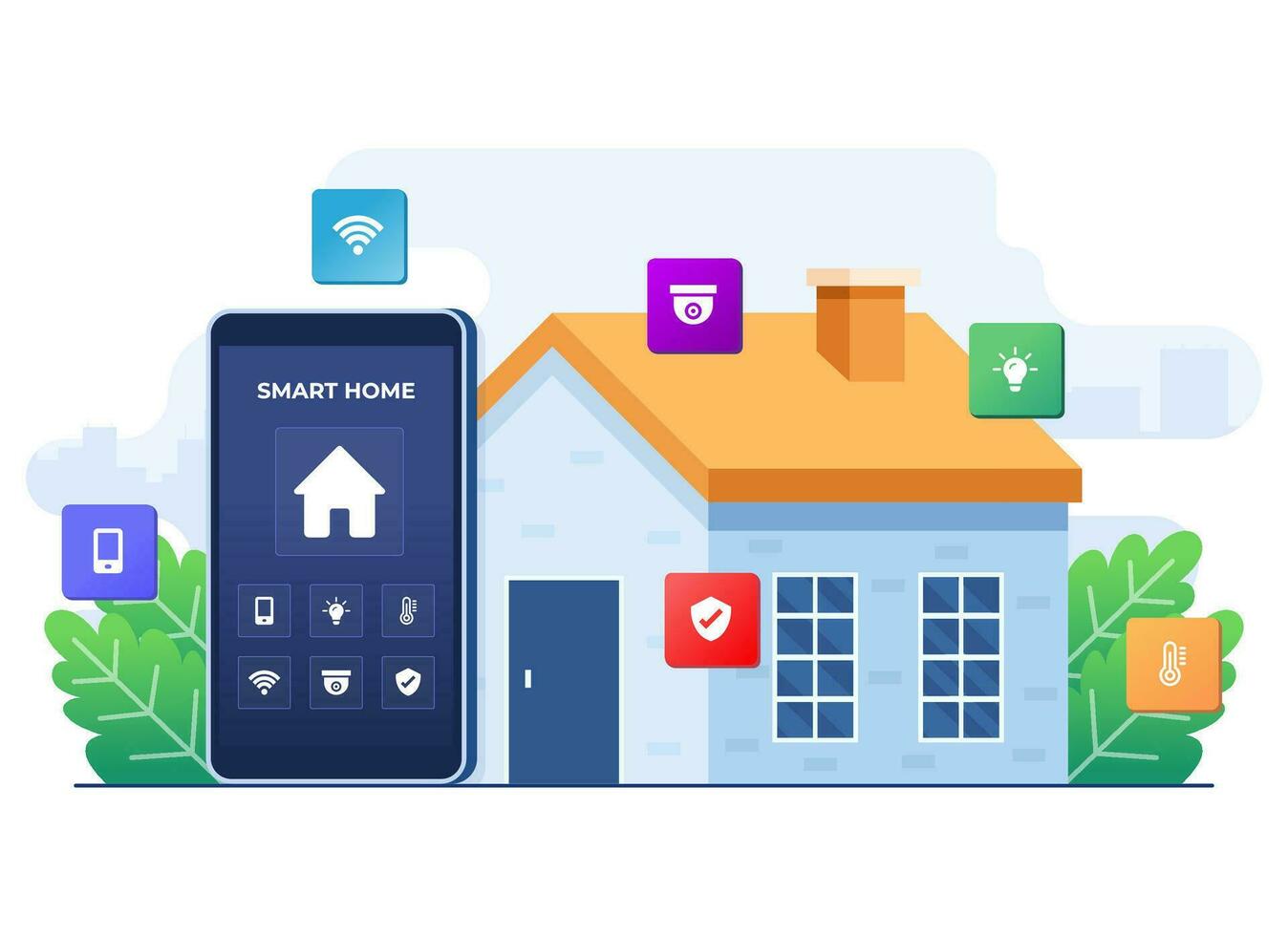 Smart home application concept flat illustration, Home automation, Controlling house devices using smartphone, Remote home control technology, house technology system with wireless centralized control vector
