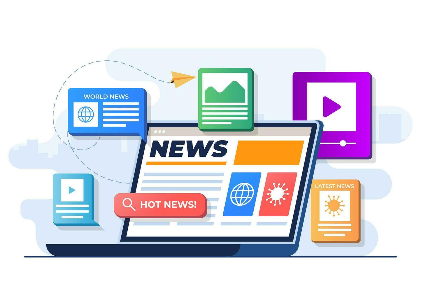 Online news mobile application flat illustration vector template, Online news article, News webpage, Online mass media on laptop screen, Internet newsletter