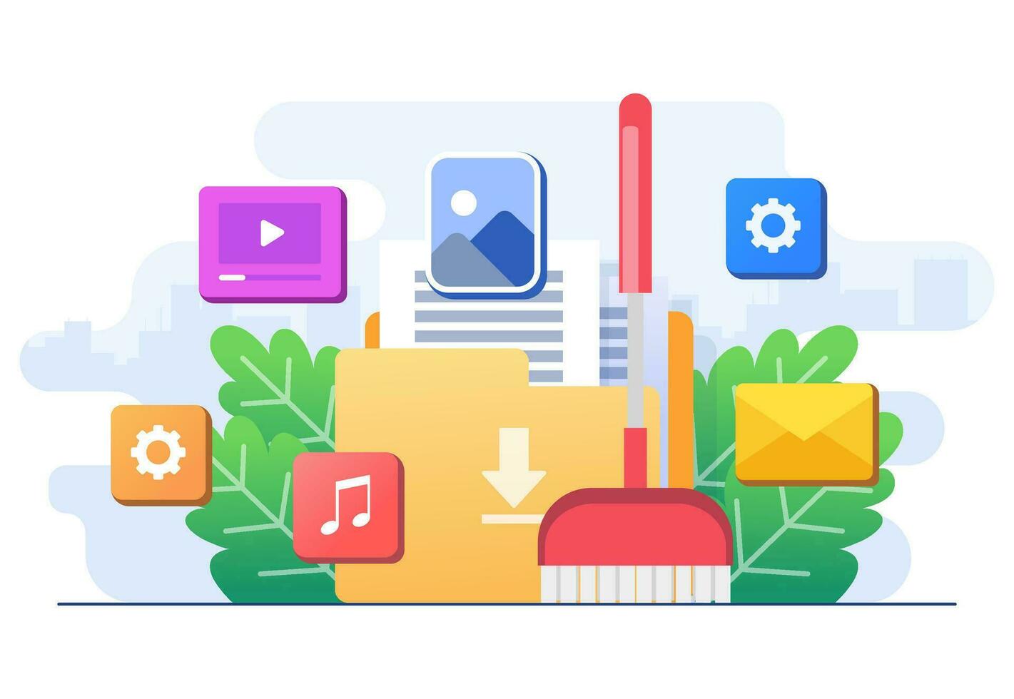 Data clean concept flat illustration vector template, Deleting cache memory, download history cloud data, Clean digital memory, Delete documents in trash, Cleaning Software