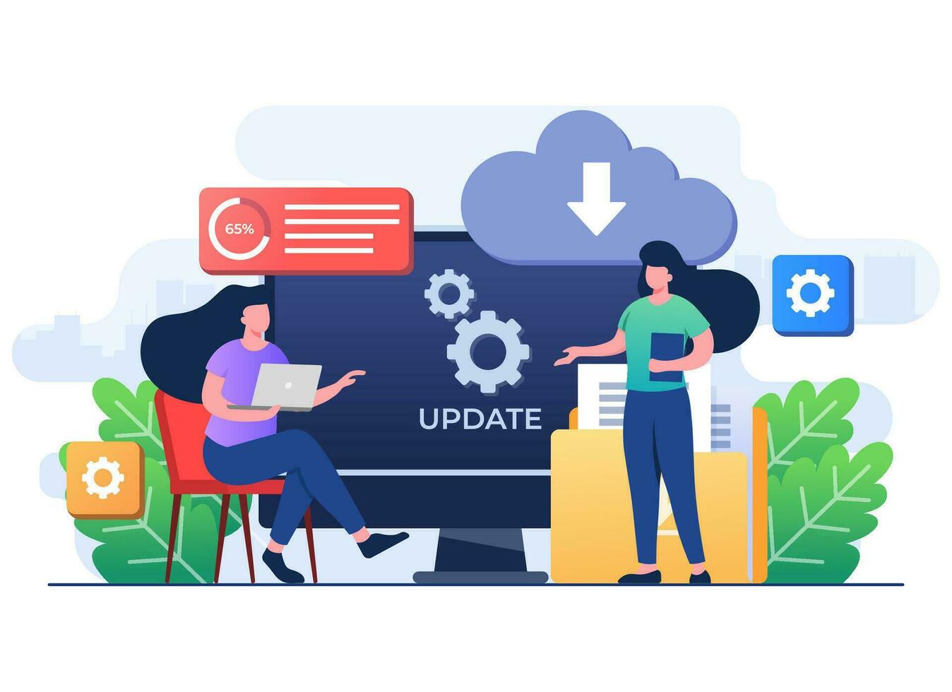 Upgrading operating system flat illustration, System update, System maintenance, Update program and application, Error fixing, troubleshooting, Device update, Software upgrade process vector