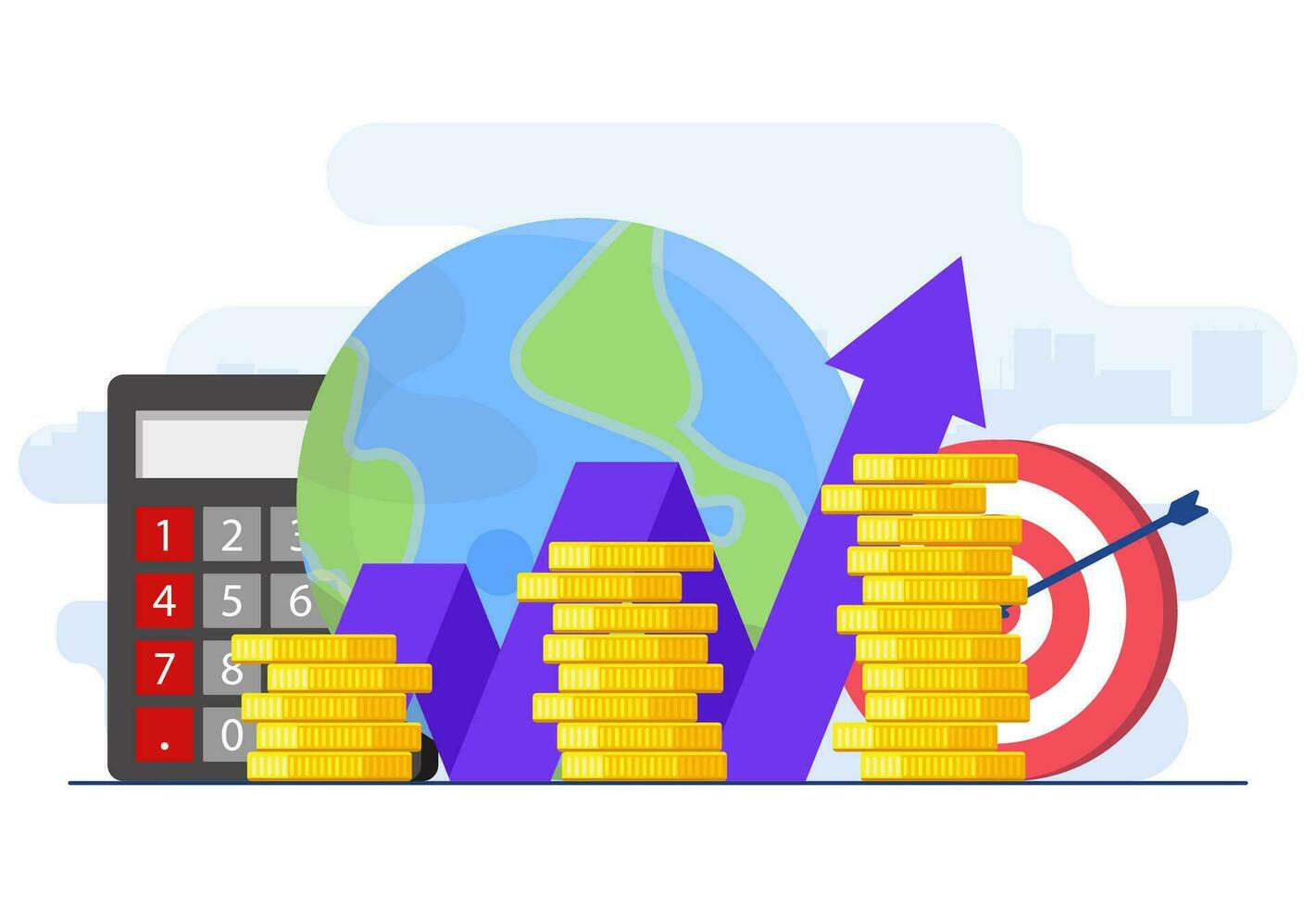 Gross domestic product concept flat illustration vector template, Stacks of money, National economy, Monetary policy, GDP,  Economic Growth, Public finance, Growth arrow chart, Cash and globe