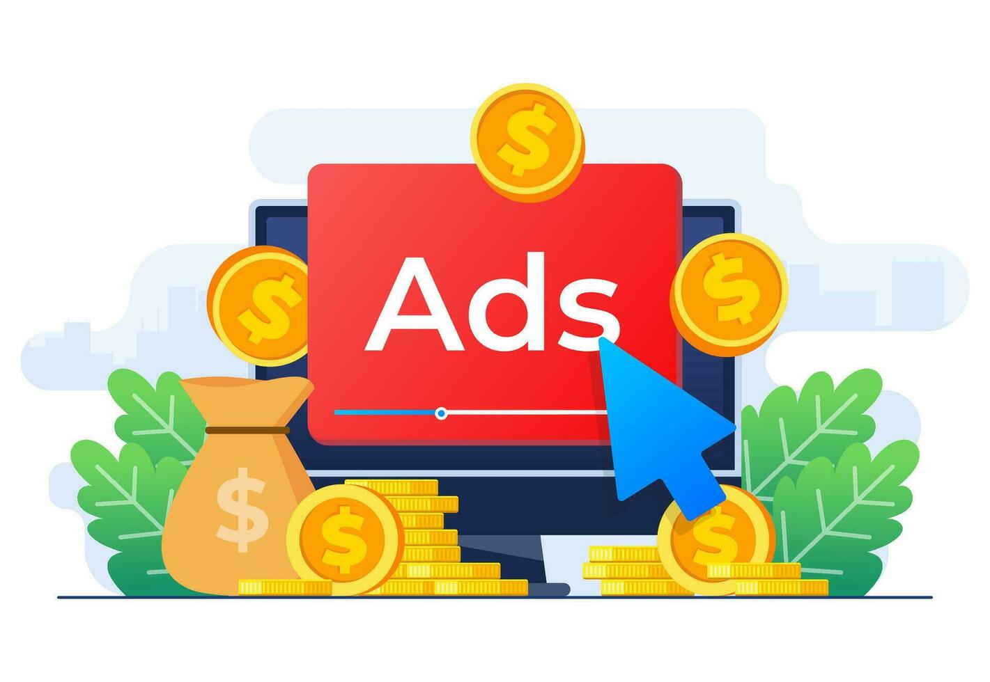 pagado publicidad Campaña monitor anuncios en sitio web generando ingresos para editor, pagar por hacer clic concepto, ppc, publicidad o anuncio publicitario, promoviendo marcas a audiencia, Internet márketing concepto vector