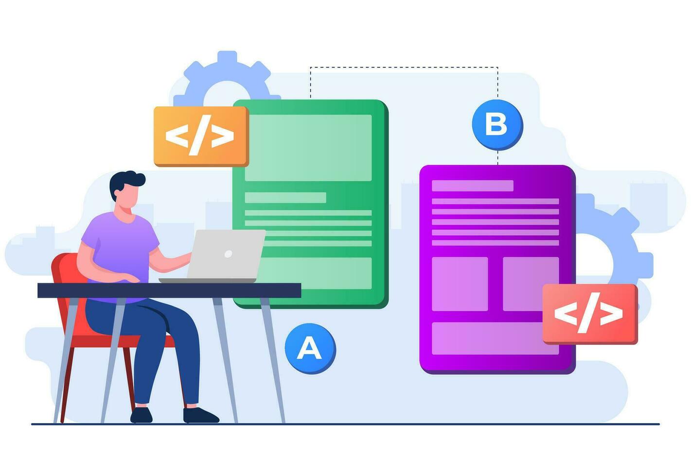 AB testing concept flat illustration vector template for website banner, Comparison split wireframe application on display smartphone, compare test result between 2 page of website design