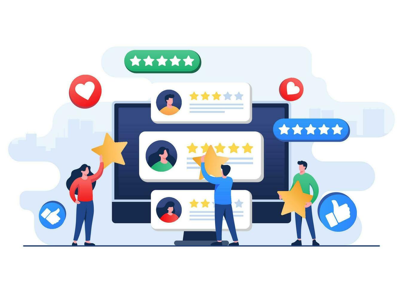 Happy customers leaving positive feedbacks to product, service, app, website, Ratings and review concept flat vector illustration, Satisfaction level, User experience, recommendations, Survey