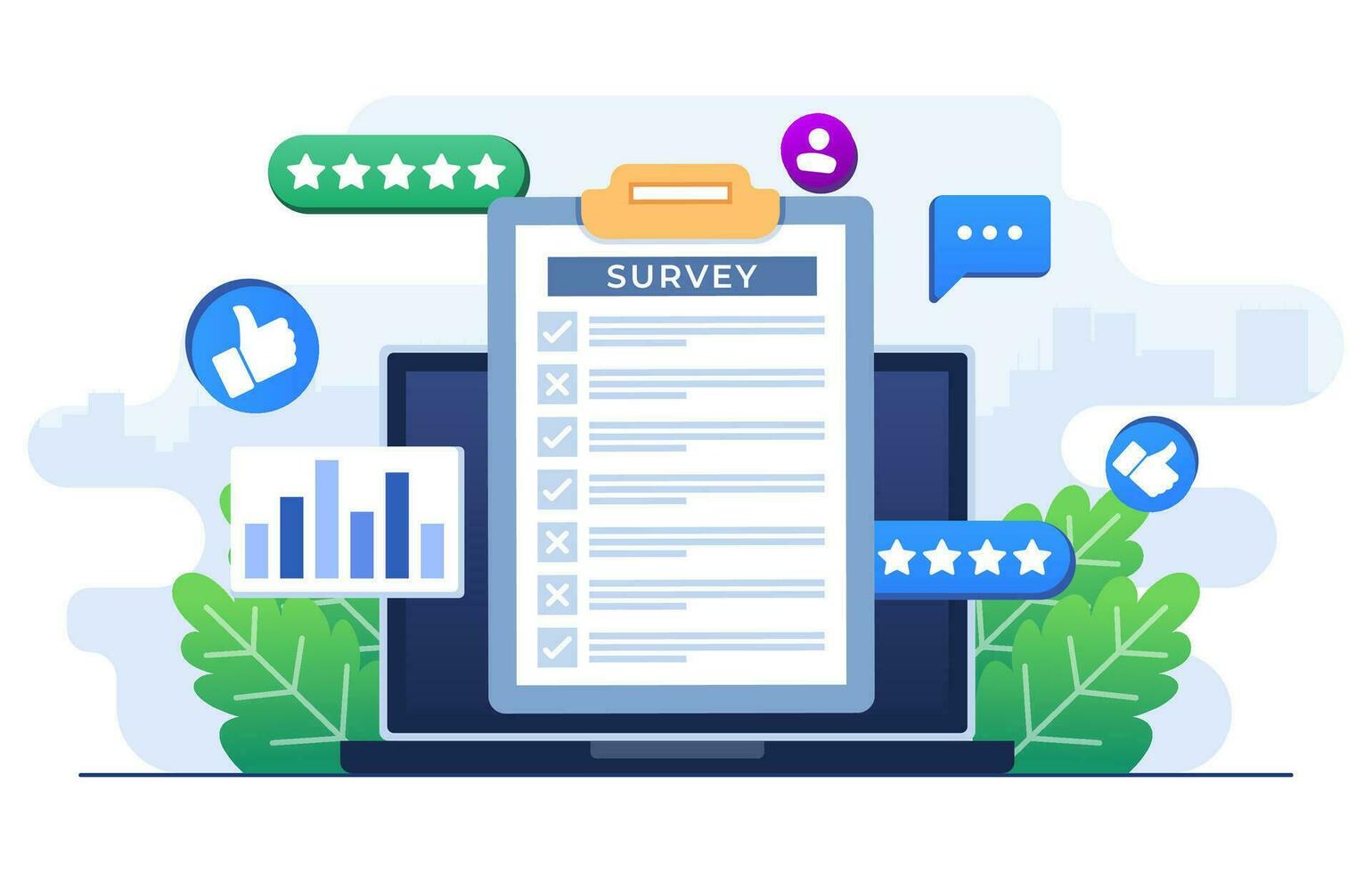 Online survey concept flat illustration vector template, Filling Test in Customer Survey Form, Customer experiences and satisfaction concept for landing page, web banner, mobile app, Web design, ui ux