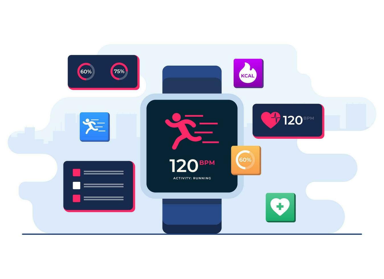 smartwatch healthcare concept flat illustration, Monitoring heart rate in smartwatch, Workout, Fitness and health concept, Fitness app, wrist-worn device vector