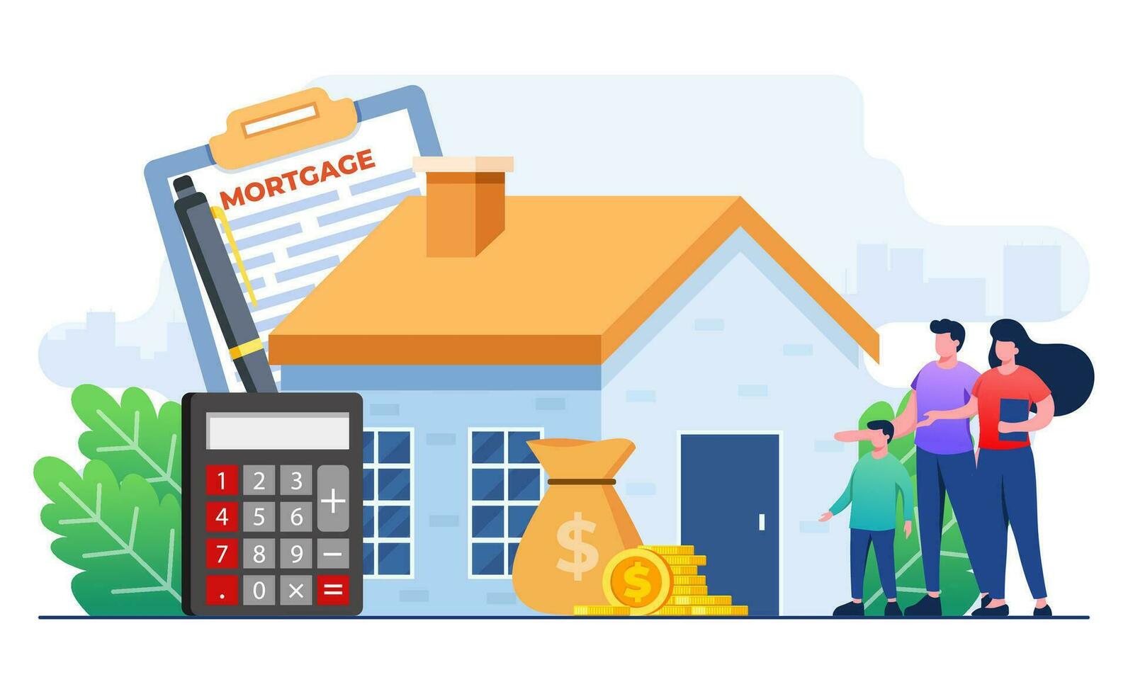 Family buying home with mortgage and paying credit to bank concept flat illustration, House loan or money investment to real estate concept template, Mortgage loan, Purchasing property, Home loan vector
