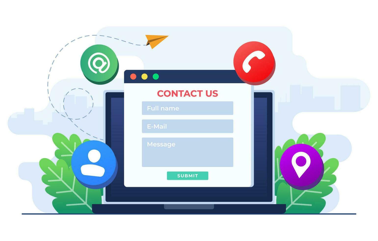 Contact Us form on laptop screen flat illustration for web banner, mobile app, landing page, business presentation, website banner, Customer support, customer service, online support, help desk vector