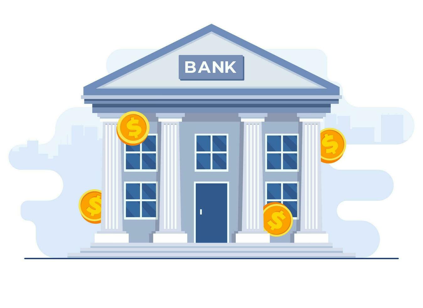 banco edificio con dólar monedas alrededor plano ilustración vector modelo en blanco antecedentes