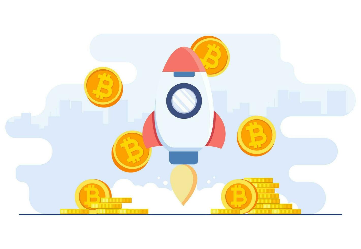 Rocket successfully taking off, Virtual money capitalization rise, Bull market concept, Growing bitcoin, Blockchain technology, Cryptocurrency, Digital money cryptocurrency trading vector