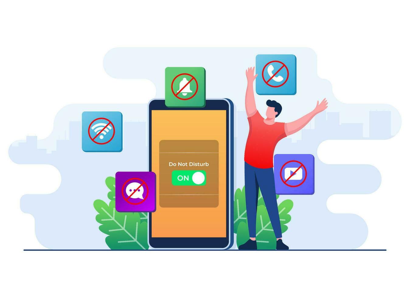 Male character enjoy peace, calmness, and mindfulness while do not disturb mode is activated on smartphone vector