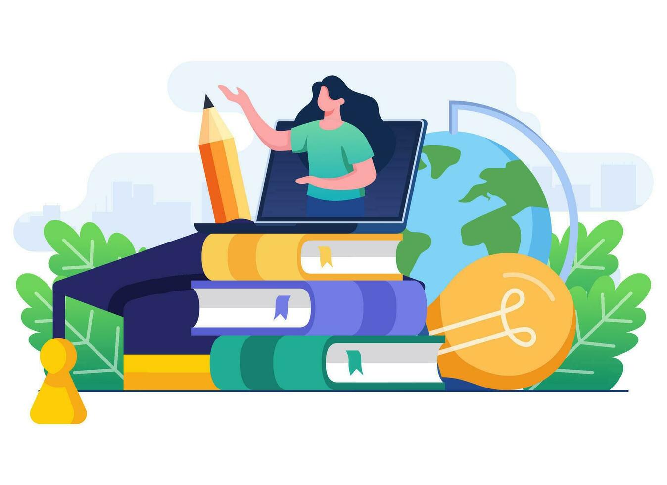 Female teacher teaching on laptop screen flat vector illustration, Online education, e-learning, online course, online webinar, video tutorial