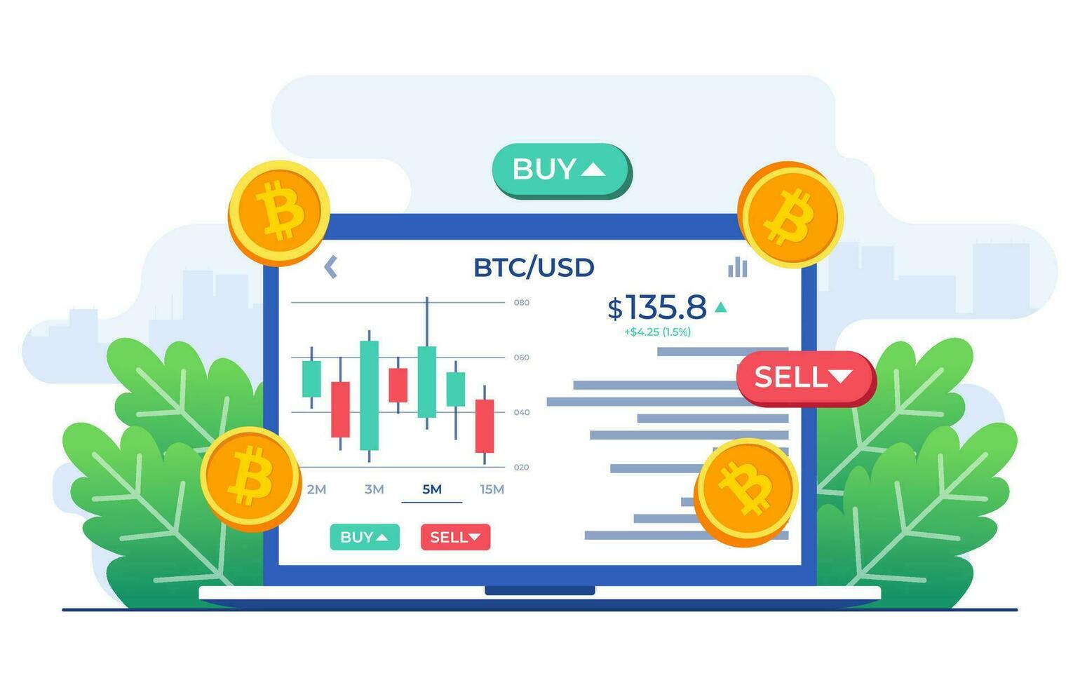 valores intercambiar escena con ordenador portátil computadora, cuadro, y vender y comprar opciones, criptomoneda comercio, candelero cuadro, bitcoin, digital web dinero, cripto inversión estrategia vector