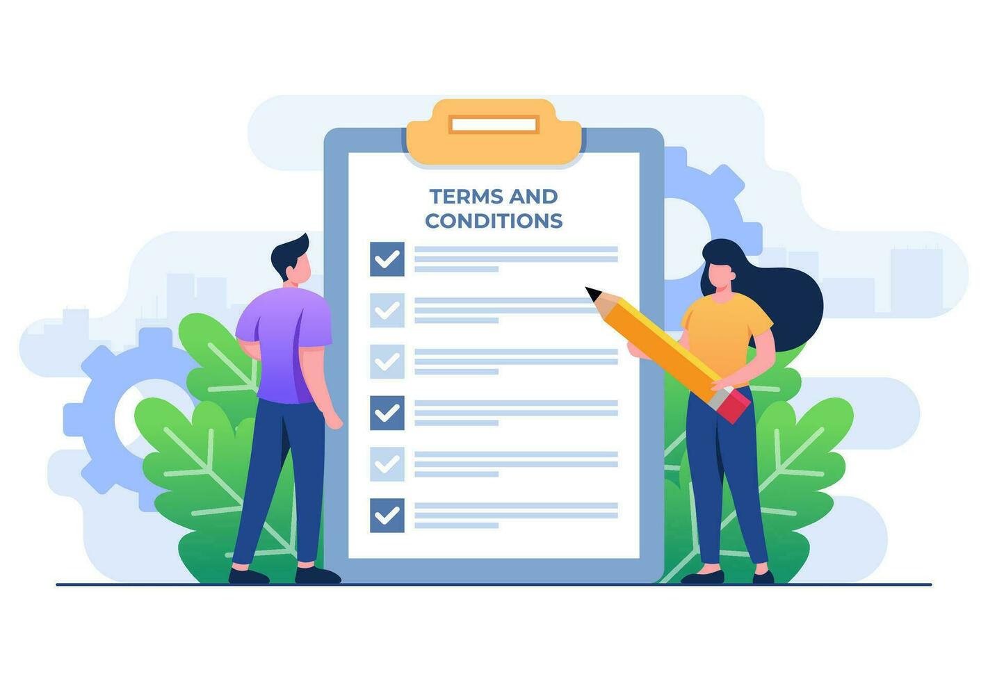 condiciones y condiciones concepto plano vector ilustración, negocio personas leyendo Lista de Verificación de reglas y regulación estándares, intimidad política, legal aviso, empresa política, corporativo ley, negocio ética