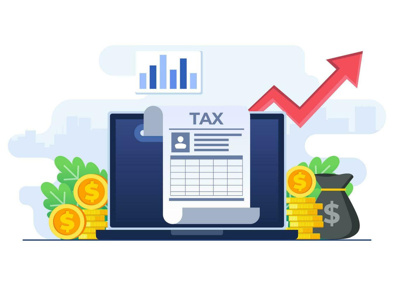 Online tax bill on laptop flat illustration vector template, Checking expensive utility bills, Personal financial management, Business and economy concept