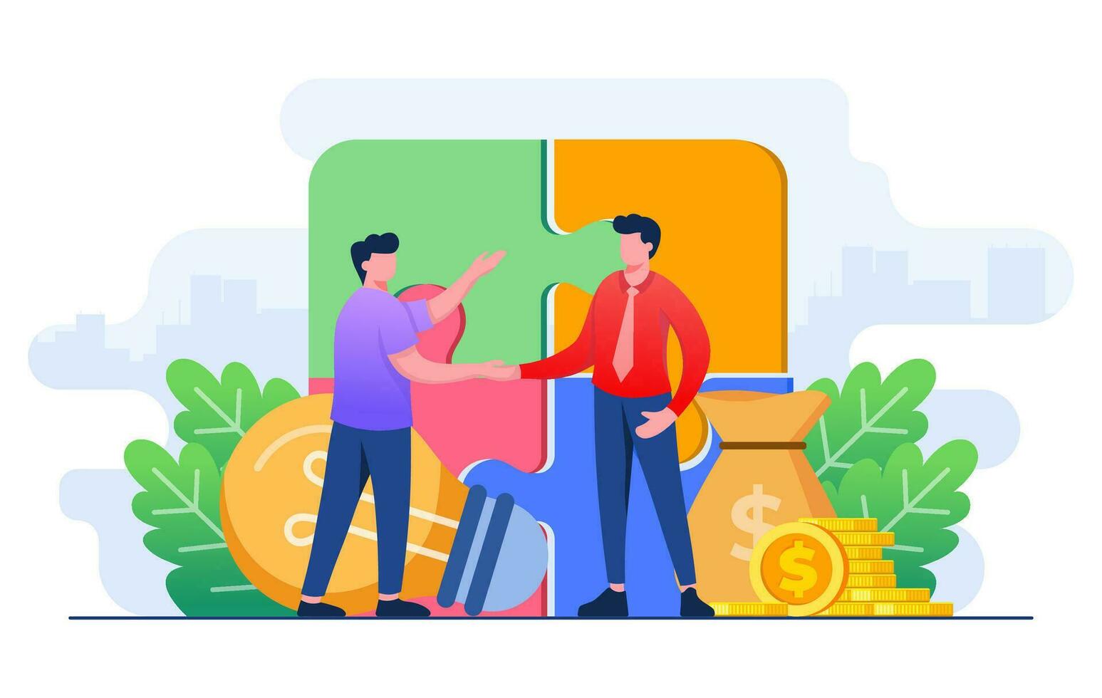 Two businessmen shaking hands, Teamwork, Start-up, Problem solving, New idea, Business partnership flat illustration vector template, Agreement, Organizations partnership, Partner deal