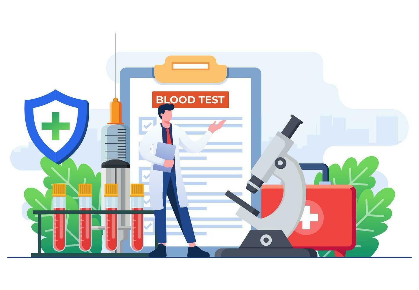 médico prueba concepto plano ilustración vector plantilla, laboratorio médico o químico pruebas pacientes sangre muestras, cuidado de la salud y medicamento, sangre prueba, científico investigación documento