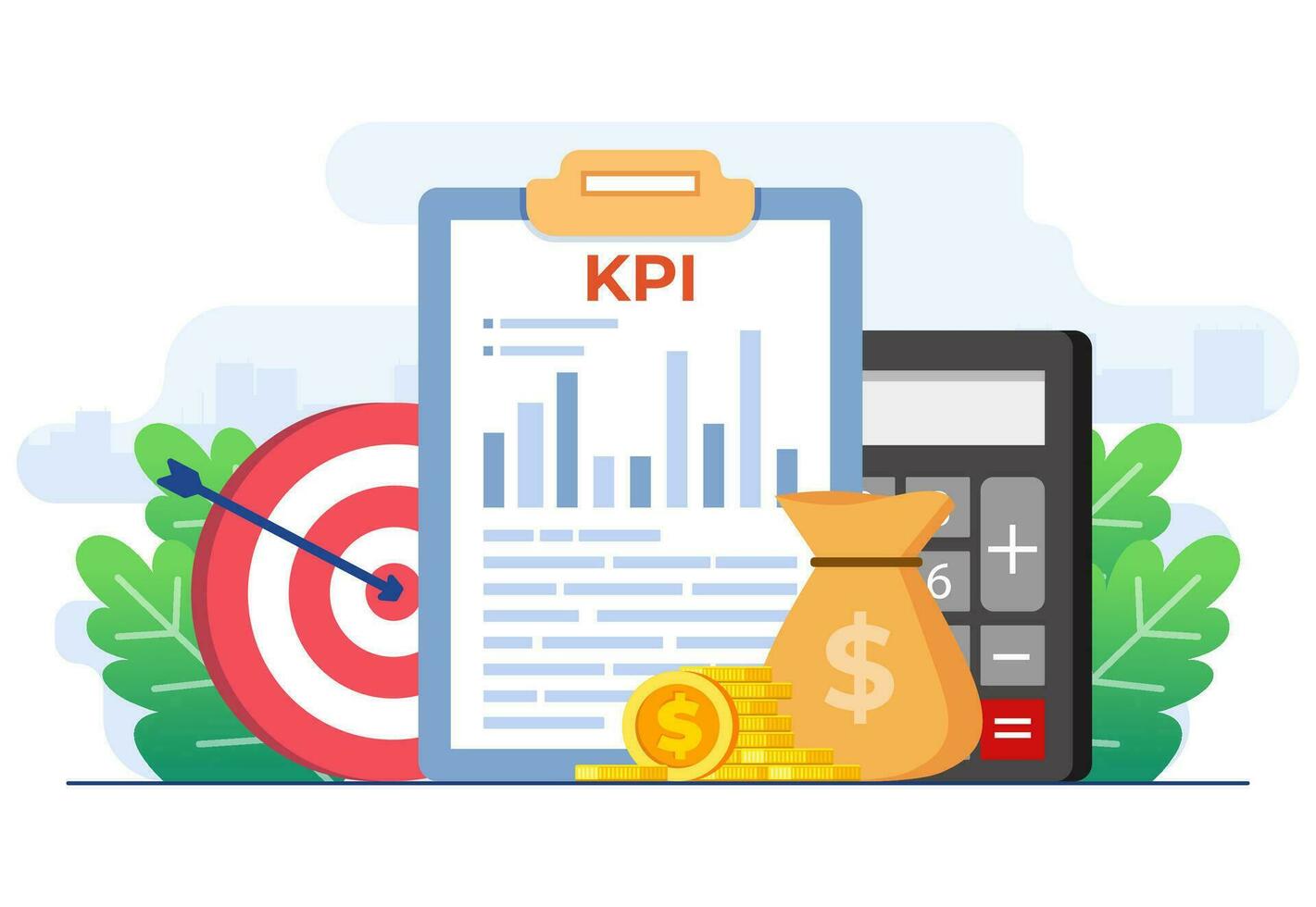 KPI, Key performance indicators business technical concept flat vector illustration, Performance evaluation and dynamics on dashboard, Strategy, Data Report, Efficient workflow, Business intelligence