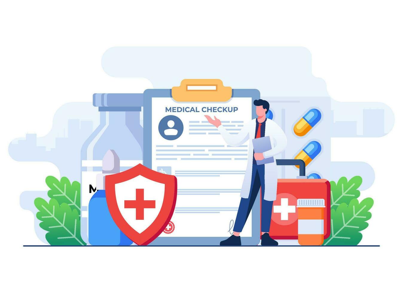 Medical checkup concept flat illustration vector template, Healthcare checkup, Hospital clinical test result paper, patient prescription data record information, diagnostic checklist service