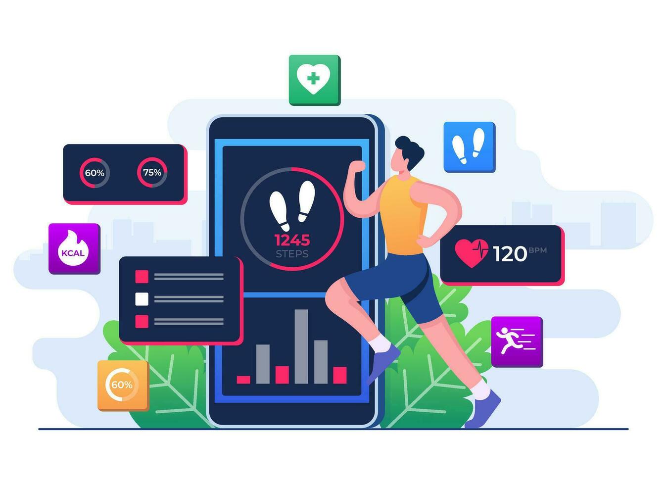 Man character running and doing workout, Fitness tracker mobile app flat illustration vector template, Smart working, Training, Sports exercises, Monitoring heart rate in fitness app on a smartphone