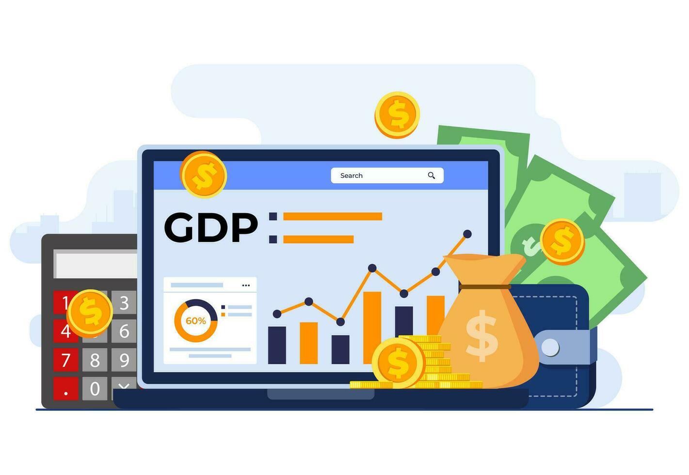 Gross domestic product concept flat illustration vector template, Stacks of money, National economy, Monetary policy, GDP,  Economic Growth, Public finance, Growth graphs and chart on laptop screen