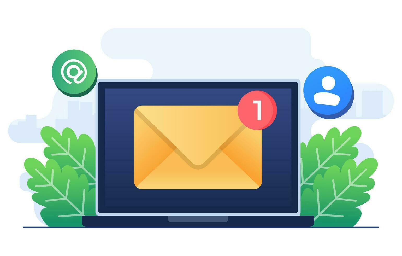 nuevo correo electrónico notificación en ordenador portátil computadora monitor pantalla plano vector ilustración, directo digital marketing, no leído mensaje recordatorio, correo electrónico márketing concepto para web bandera, aterrizaje página, infografía