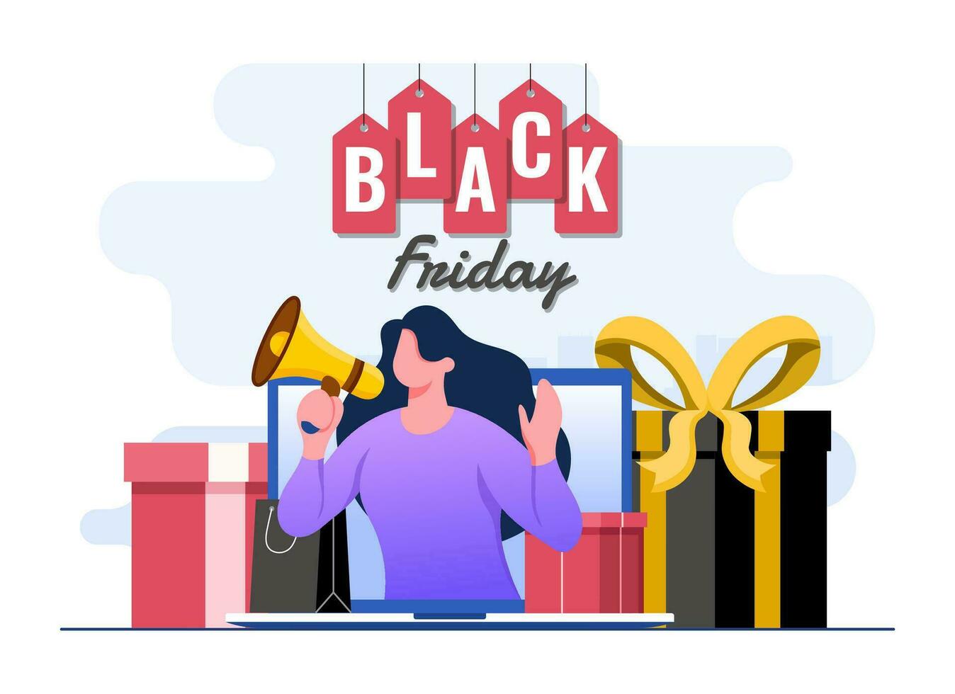 Woman with a megaphone on laptop screen making and promotion, Black Friday big sale concept flat illustration vector template, Online shopping, Big promotion discount