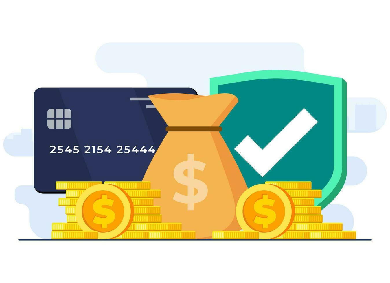 Secure mobile bank payments with bank credit or debit card concept flat vector illustration template, Safety and protection of money transactions, Secure online payment gateway