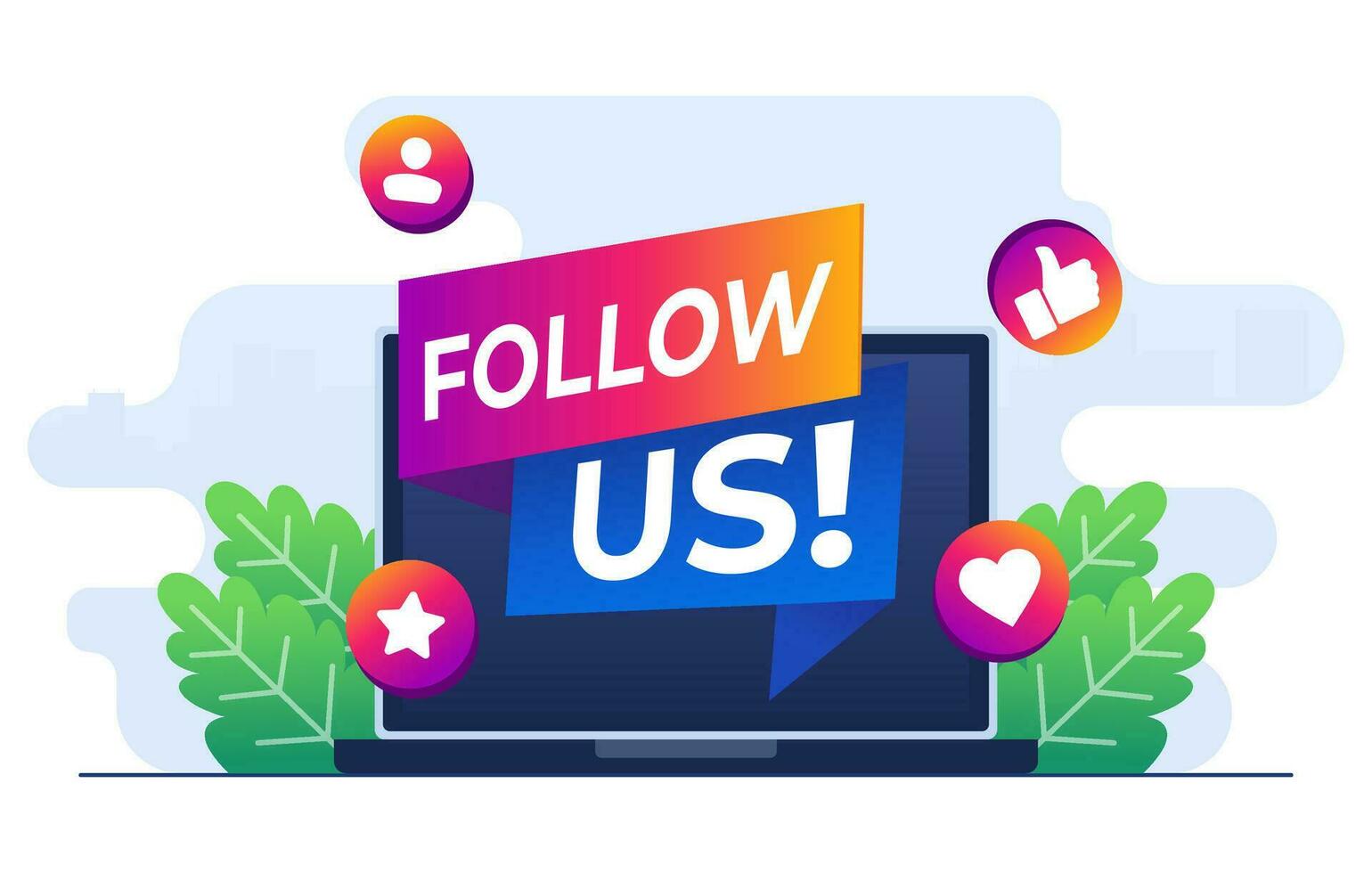 Follow us concept flat illustration vector template, Megaphone on laptop, Internet advertisement, Marketing, Social media promotion concept for web banner, landing page, mobile app, infographic