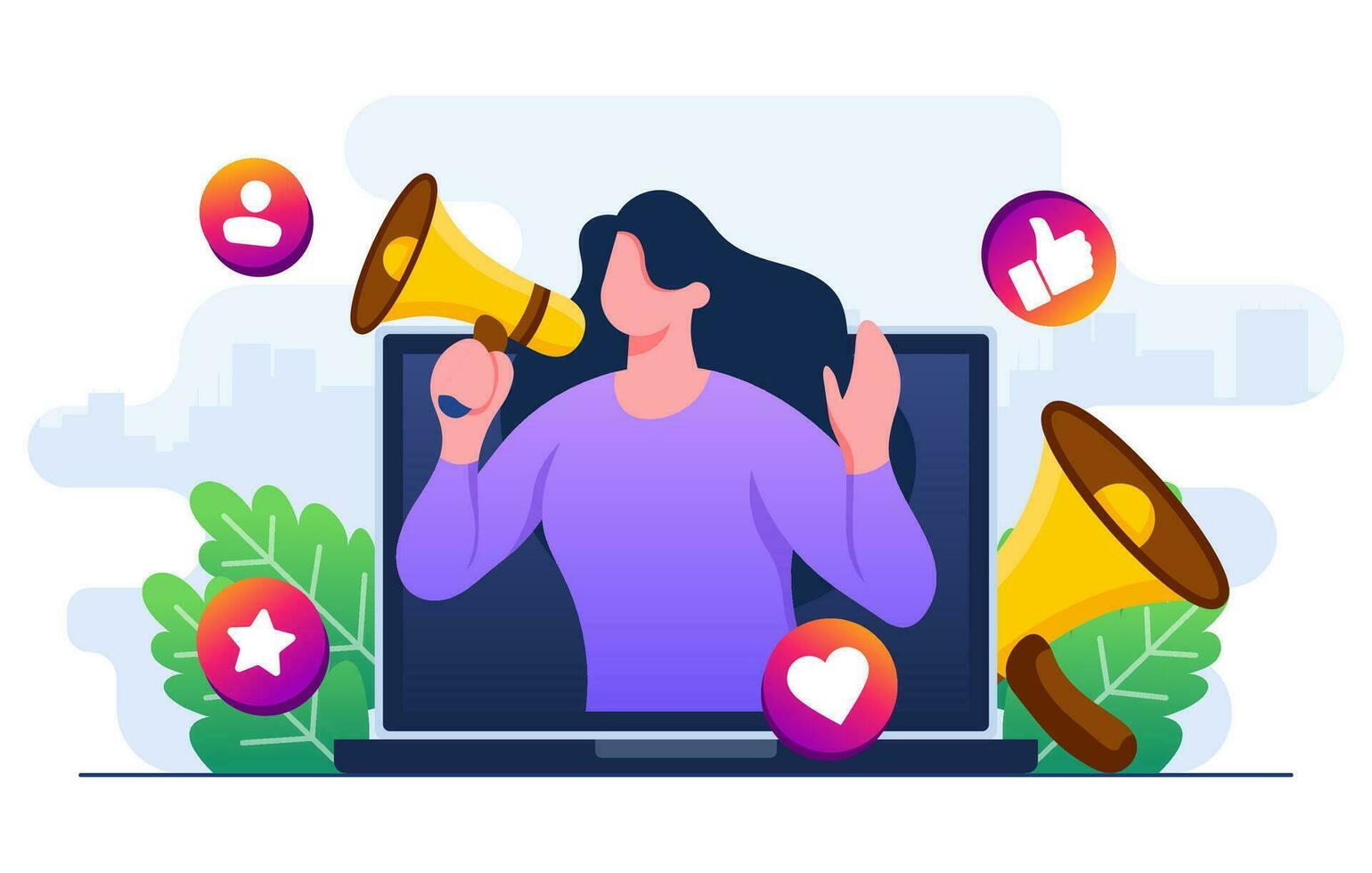 Woman shouting through megaphone on laptop screen, Influencer marketing, Follow us, Internet advertisement, Social media promotion concept for web banner, landing page, mobile app, infographic vector
