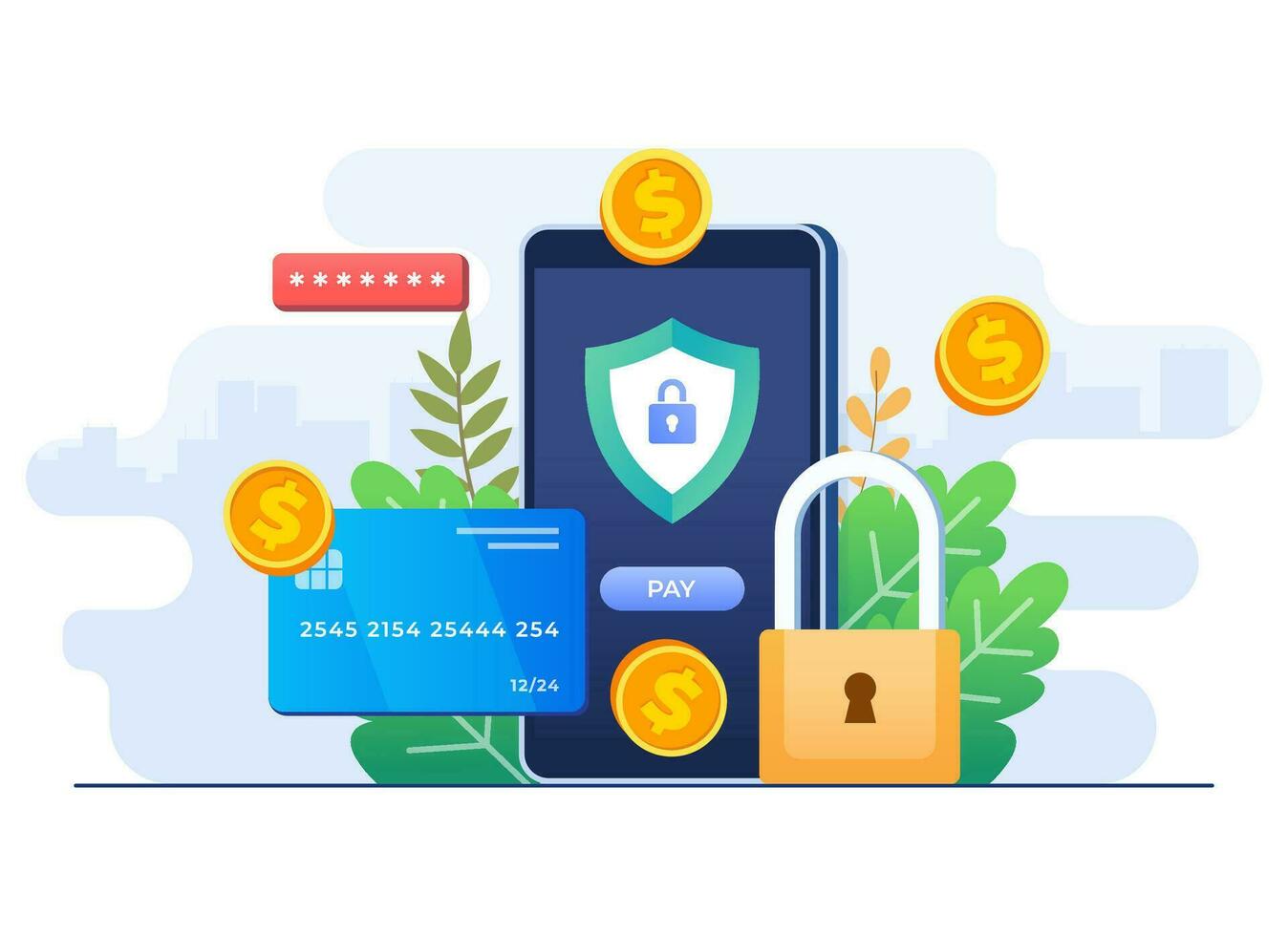 Secure mobile banking payment concept flat illustration vector template, Digital banking, Internet money, Safe online money transaction, Credit card payment
