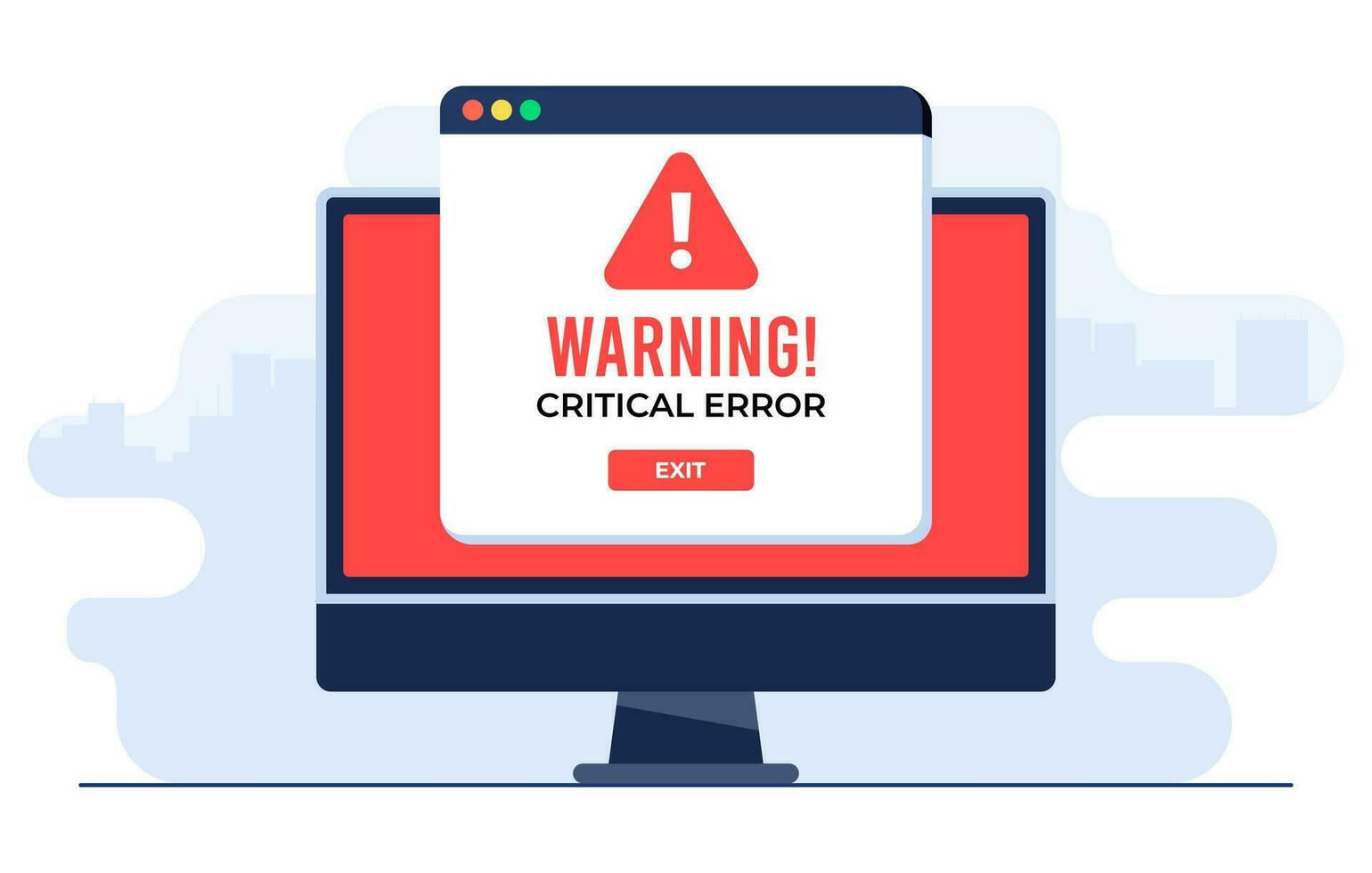 Exclamation point icon on computer screen, System error, System security warning alert, Cybercrime, Vulnerability, Computer virus, Ransomware, or bug, Critical error, Malware, Technical error, Hack vector