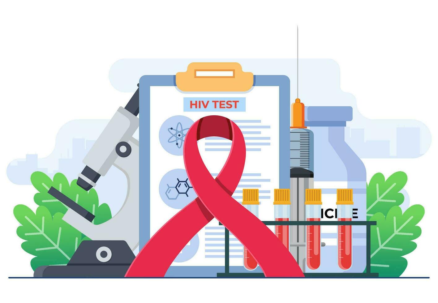 mundo SIDA día ilustración concepto plano vector ilustración vector plantilla, médico doctores con un vih prueba tubo son investigando SIDA, rojo cinta a aumento conciencia de el SIDA epidemia