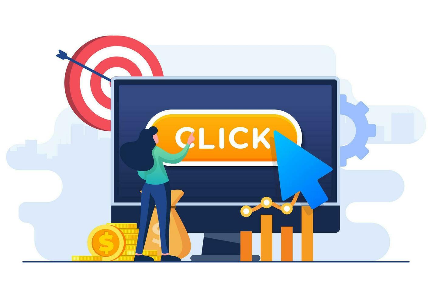 Paid advertising campaign, Click button displayed on computer screen, Pay per click concept, PPC, Advertising or advertisement, Promoting brands to audience, Internet marketing concept vector