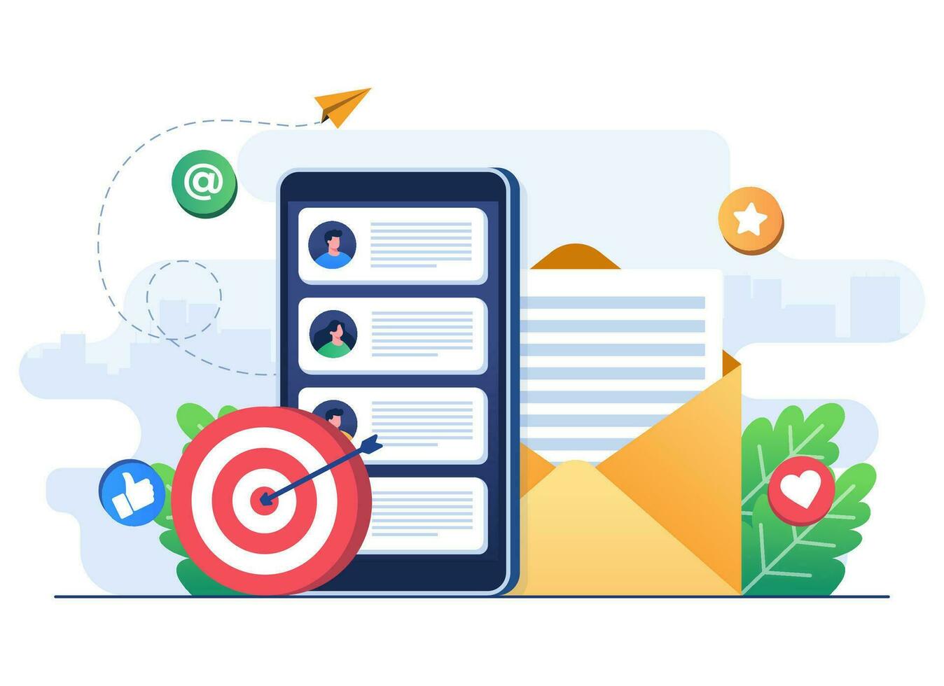 Email marketing flat illustration vector concept, Online business strategy, Advertising, Email newsletter, messaging, Marketing material concept for landing page, web banner, social media, infographic
